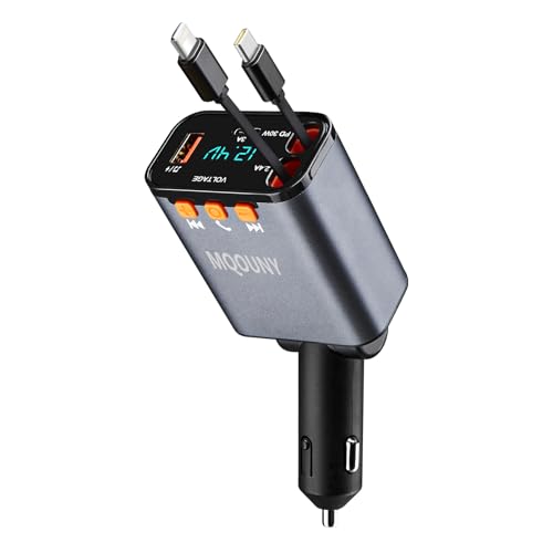 Retractable Car Charger,5 in 1 Fast Cars Phone Charger 60w,Bluetooth 5.3 FM Transmitter Adapter,Handsfree Call,MP3 Player,2 Retractable Cables and USB Chargers, for Phone,Galaxy,Pixel (Black)