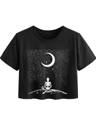 Avanova Women Skull Skeleton Graphic Crop Top Oversized Short Sleeve Boxy Tee Shirt Black C Large