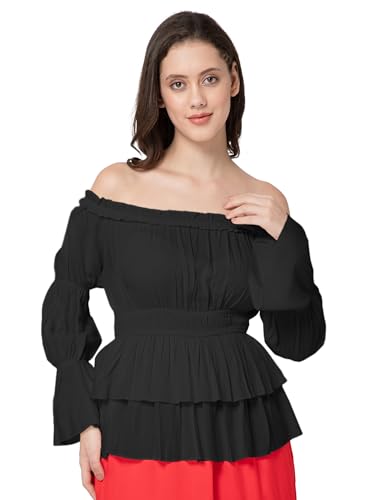 ThePirateDressing Women's Renaissance Medieval Pirate Peasant Historical Long Virago Sleeves Elastic Waist Off-Shoulder Top Blouse C1799 Black Large