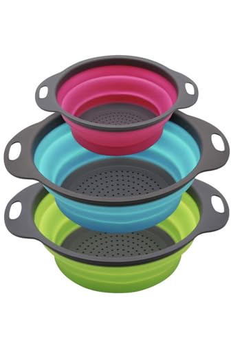 Set of 3 Niklye Ultimate Kitchen Strainers includes 1-10 inch & 2-12 inch. Collapsible Silicone Colanders For Easy Storage - Use with Pasta & Veggies or as a Fruit or Berry Bowl with Strainer., large