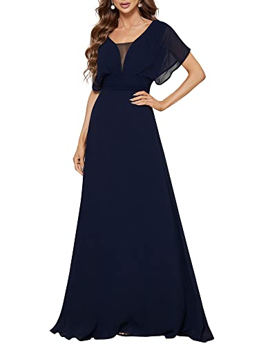 Ever-Pretty Women's Elegant Formal Dress V-Neck Short Sleeve Chiffon Long Mother of The Bride Dresses Navy Blue US12