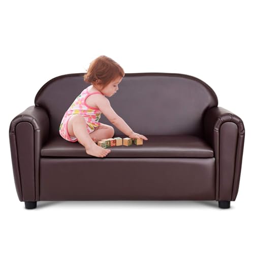 Costzon Kids Couch, 2 in 1 Double Seat Children's Sofa w/Under Seat Storage, PU Leather Surface, Toddler Armrest Chair, Kids Room, Soft Kids Sofa with Storage for Preschool Baby Boys Girls Gifts