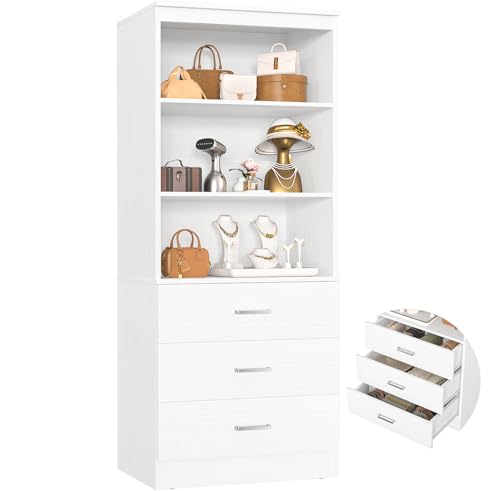 Aheaplus 23.6" Closet Drawers System, Wood Closet Organizer System with 3 Drawers, Modular Small Walk-in Closets Storage Unit, White (23.6" L x 13.8" W x 71" H)