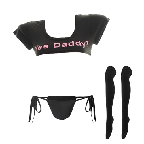 JasmyGirls Anime Yes Daddy Lingerie for Women Sexy Role Playing Costumes Kawaii Micro Bikini Japanese Underboob Crop Top Thong Panties
