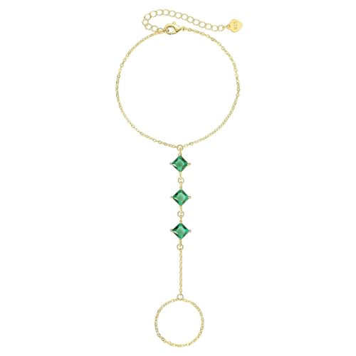 Green Emerald Hand Chain Bracelet 14k Gold Finger Ring Bracelet Hand Chain for Women 6" to 8" Adjustable length