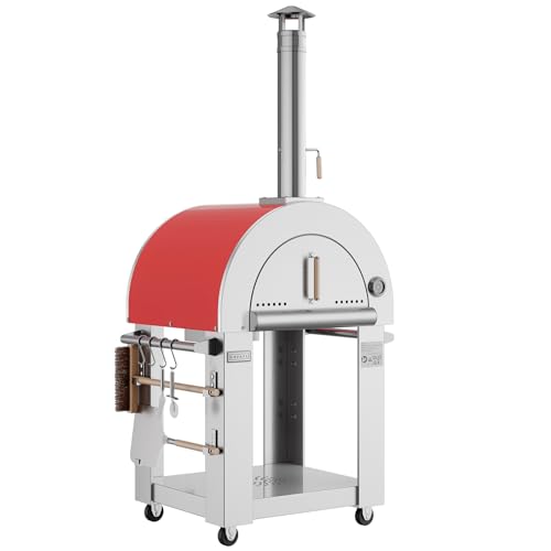 Empava Wood Fired Pizza Oven Outdoor with Open Shelf and Wheels, Artisan Grill for Backyard, Patio, Camping in Stainless Steel, 38.6 Inch, Silver+Italian Red