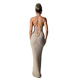 Women's Crochet Knitted Halter Maxi Dress Sexy Hollow Out V-Neck Lace Up Backless Bodycon Beach Holiday Long Dress Khaki