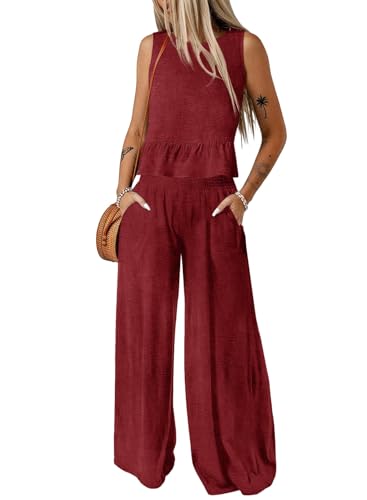 Dokotoo 2 Piece Sets for Women Summer Elegant Wide Leg Matching Sets Women Clothing Travel Outfits Beach Vacation Clothes Red Medium