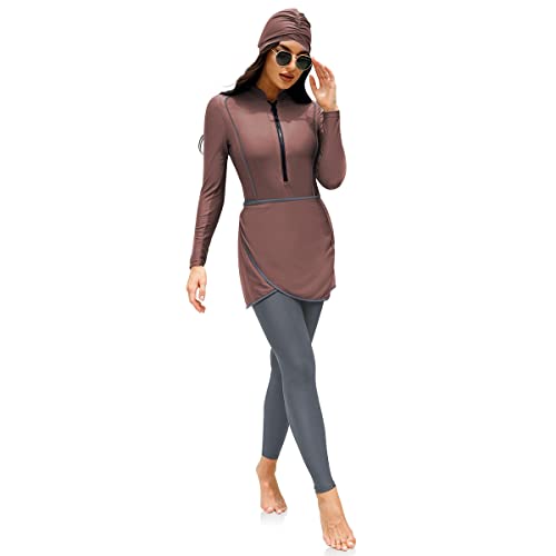 Burkini Swimsuits for Women Islamic Muslim Full Coverage Swimsuits Modest Swimwear Long Sleeve Rash Guard Swim Tops Pants Hijab Apron 4Pcs Sun Protection Surfing Suit Swimming Suit Dusty Pink L