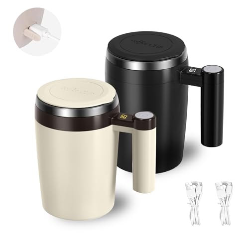 2 Pack Self Stirring Mug, Rechargeable Self Stirring Coffee Mug with Digital Display, 14oz Self Mixing Coffee Mug, Magnetic Stirring Coffee Mug with Lid, Auto Stirring Mug for Milk Coffee Cocoa