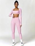 ABOCIW Womens 2 Piece Workout Sets Long Sleeve Square Neck Padded Gym Yoga Workout Crop T Shirt Top Scrunch Butt Lifting High Waist Leggings Z-Pink Small