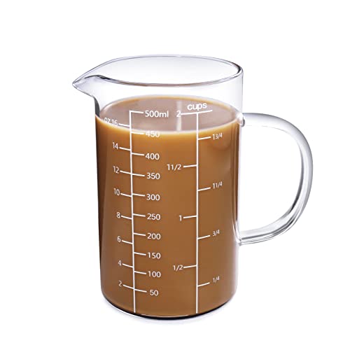 77L Glass Measuring Cup, [Insulated handle, V-Shaped Spout], High Borosilicate Glass Measuring Cup for Kitchen or Restaurant, Easy To Read, 500 ML (0.5 Liter, 2 Cup)