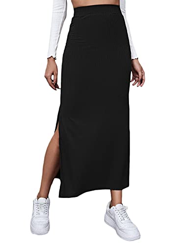 GORGLITTER Women's Split Ribbed Knit Bodycon Maxi Skirt High Waisted Side Slit Pencil Long Skirts Summer Trendy 2025 Black Medium