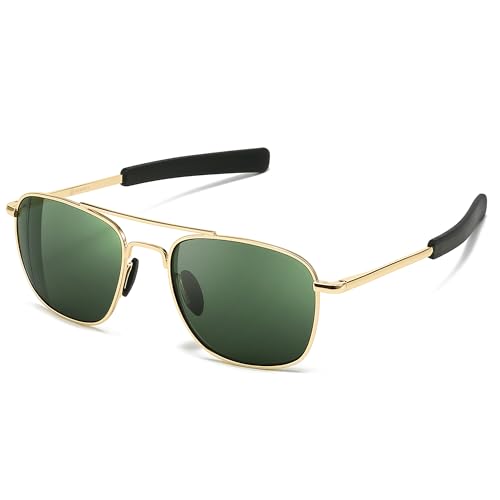 SUNGAIT Real Glass Lens Sunglasses for Men and Women: Military Style Pilot Aviator HD Shades with Upgraded Spring Hinge Bayonet Temples