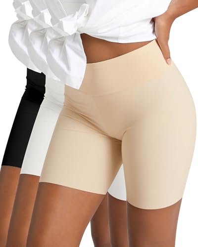 AugYew 3 Pack Slip Shorts for Under Dresses Women, Spandex Cooling Anti Chafing High Waisted Seamless Smooth Biker Boyshorts Underwear Panties,(Black,White,Nude),XXXL