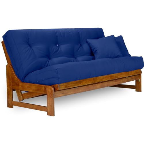 Arden Futon Set - Full Size Futon Frame with Mattress Included (8 Inch Thick Mattress, Twill Royal Blue Color), Heavy Duty Wood, Popular Sofa Bed Choice