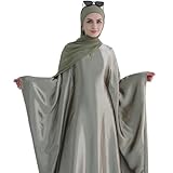 khalat Abaya Muslim Dress Women Satin Prayer Dress Batwing Long Sleeve Middle East Arabian Robe with Hijab Olive Green