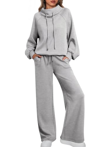 AUTOMET Lounge Sets for Women Sweatsuits 2 Piece Outfits 2025 Fall Drawstring Sweatshirt Wide Leg Sweatpants Tracksuit Grey M