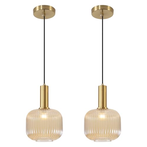 BOKT Modern 2-Pack Glass Pendant Lights Open Amber Ball Ceiling Pendant Lighting Fixture Adjustable Cord Hanging Light Lights Set of Two for Kitchen Island Entryway Dining Room