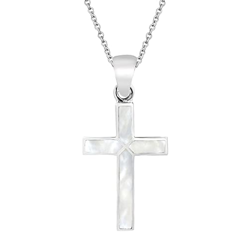 AeraVida Iridescent Cross of Faith Stone and Shell .925 Sterling Silver Necklace, 18 inch (White)