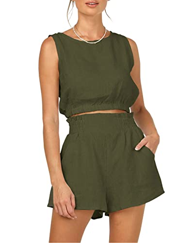 Trendy Queen Womens Summer 2 Piece Outfits two piece Sets Matching Sleeveless Tank Top High Waisted Shorts with Pockets ArmyGreen M