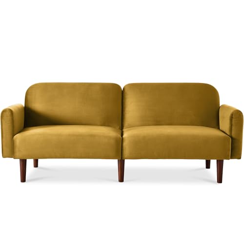 Best Choice Products 77" Mid Century Modern Velvet Loveseat Sofa, Couch, Convertible Sofa Sleeper Bed w/Real Wood, Removable Armrest - Antique Gold