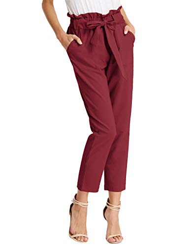 GRACE KARIN Womens Casual Solid Bottom Bow-Knot Decorated Pants with Pockets Wine Red M