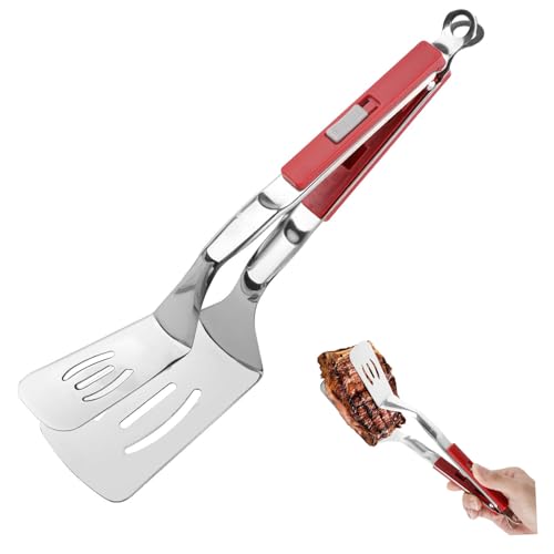 Jrsoul He Anti-Scald Extended Handle Spatula Tongs 11.6 Inch Multifunctional Stainless Steel Cooking Tongs Food Shovel Clamp for Flipping Steak Fish Bread Hamburger BBQ Frying Pancake Pies Pizza