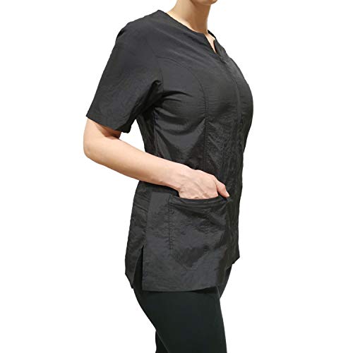 CHARLENE Haley Short Sleeves Jacket | High Fashion Hair Stylist Nylon Uniform | Water-Repellant Breathable Nylon | Machine Wash | Zipper Closure (BLACK, L)