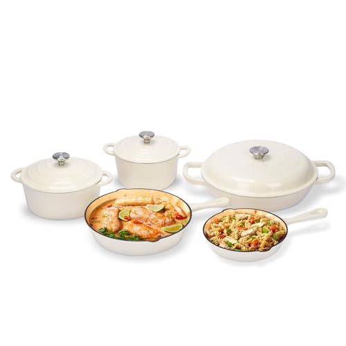 Hisencn Enameled Cast Iron Cookware Set, 8 Piece of Casserole, Dutch Ovens, Skillet and 3 Lids, Ceramic Coated Cast Iron Dutch Oven Set, Gas/Induction Compatible, PFA Free, with Pan Rack