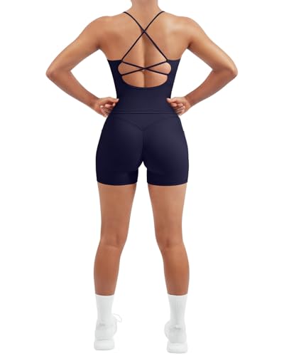 SUUKSESS Women 2 Piece Workout Sets Hidden Scrunch Butt Lifting Yoga Shorts with Pockets Backless Strappy Padded Tank Tops Outfits (Navy Blue, M)