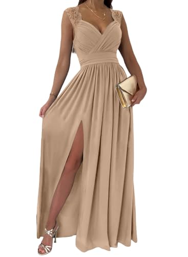 Dokotoo Womens Ladies Elegant Floor Length A Line Wrap Deep V Neck Backless Ruched Pleated Ruffled Split Long Maxi Formal Evening Party Prom Dress Bridesmaid Wedding Guest Dresses for Women Apricot M