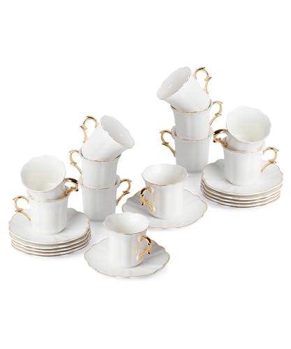 BTaT Espresso Cups and Saucers, 2.4 oz, Set of 12, Gold Rim and Gift Box, Demitasse Cups