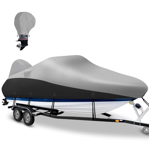 Boatpro Boat Cover 20-22 ft with Motor Cover, Waterproof 900D Heavy Duty Marine Canvas Trailerable Boat Covers for 20 feet 21ft 22' Foot V-Hull Bass Boat Tri-Hull Runabout Boat, Silver Black