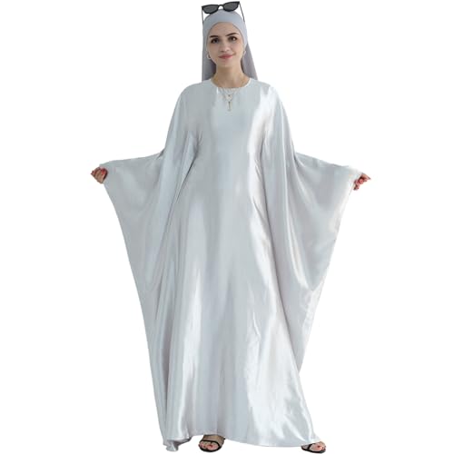 khalat Abaya Muslim Dress Women Satin Prayer Dress Batwing Long Sleeve Middle East Arabian Robe with Hijab Gray