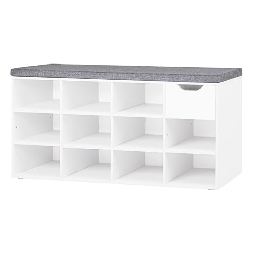 DINZI LVJ Shoe Bench, Entryway Storage Bench with Drawer and 11 Cubbies, Cubby Shoe Rack with Adjustable Shelves, Shoe Organizer Cabinet for Living Room, Bedroom, Mudroom, Closet and Garage, White