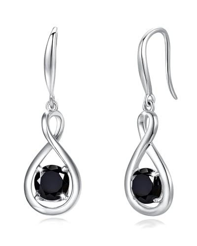 FANCIME Black Tourmaline Dangle Drop Earrings 925 Sterling Silver Dainty Infinity Bracelet Crystal Black Onyx Gemstone Earring Fine Jewelry Birthday Gifts for Her Women
