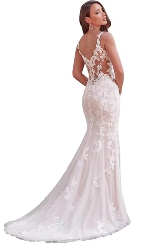 Lace Wedding Dresses for Women Mermaid Plunging Floral Long Beach Bridal Gown for Bride Style14 Ivory 8