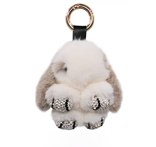surell - Genuine Mink Fur Pom Bunny Rabbit Keychain with Bling Paws - Rhinestone Bag Purse Charm - Animal Lovers Pocketbook Accessory (White and Grey)