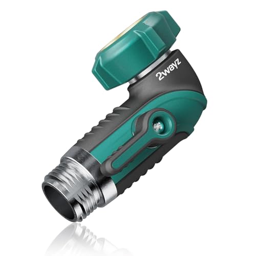 2WAYZ 90 Degree Hose Elbow Adapter - Heavy Duty Full Metal Body Garden Hose Shut Off Valve - 3/4-Inch Inlet and Outlet Angle Connector for RV, Waterhose Elbow - 2.3x2.3x4.1-Inch (Green and Black)