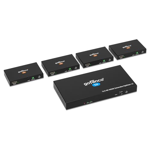 gofanco 4K 1x4 HDMI Extender Splitter Over CAT6/7 Ethernet Cable – 4K 60Hz 4:4:4, 197ft/60m, HDMI Loopout, HDR, HLG, HDCP 2.2, PoC, Dual IR, EDID, 5.1-ch Audio, Audio Extraction (HD20Ext4P-LT)
