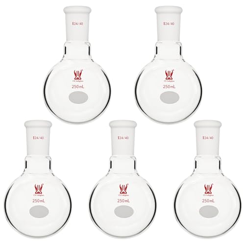 [5 Pack] CS Labglass 250ml Single Neck Round Bottom Flask with 24/40 Standard Taper Outer Joint, Borosilicate Glass Boiling Flask, Lab Glassware