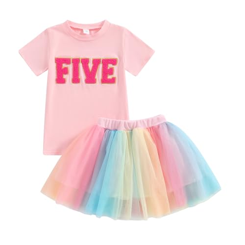 Muasaaluxi Toddler Baby Girl Birthday Outfit Two/Three/Four/Five/Six Embroidery T-shirt Colorful Tutu Skirts Summer Clothes (Pink Five, 5-6 Years)