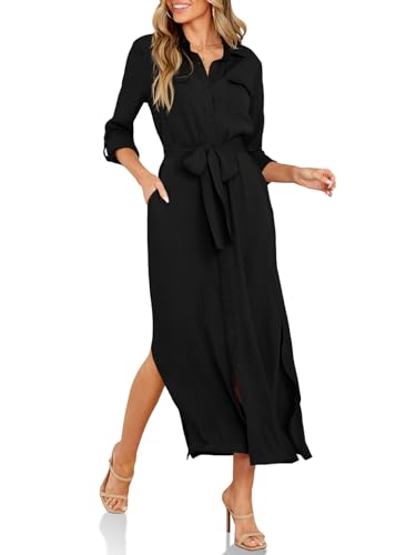 Wenrine Womens Button Down Shirt Dress Casual Chiffon 3/4 Lenght Sleeve Belted Lightweight Flowy Midi Dress with Slit Black