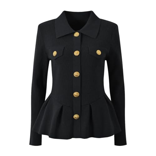 Women's Knit Solid Cardigan Autumn Winter Turn Down Collar Long Sleeve Single Breasted Ruffles Hem Sweater Coat Black