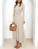 ZESICA Womens Spring Turtleneck Long Sleeve Sweater Dress Tie Waist Casual Loose Ribbed Knit A Line Midi Dresses,Apricot,Small