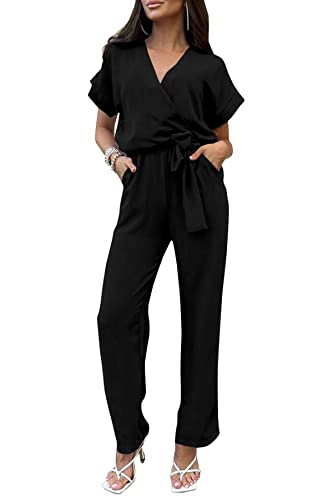 PRETTYGARDEN Women's One Piece Jumpsuits Dressy Casual Summer Short Sleeve Wrap V Neck Belted Wide Leg Pants Romper (Black,Small)