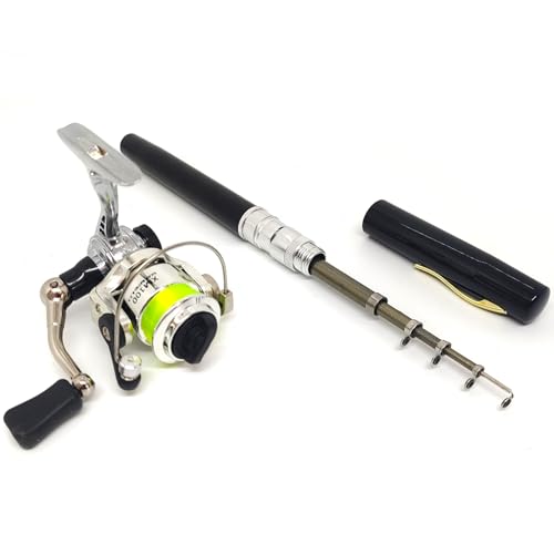 Portable Small Pen Fishing Rod and All Metal Spinning Reel Combo, 38inches Pocket Mini Telescopic Fishing Pole Kit for River Lake Ice Fishing Etc (Black)