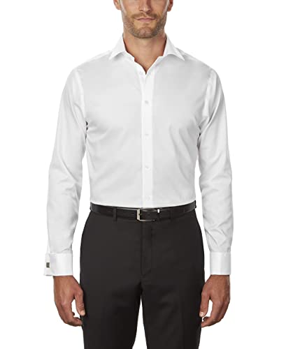 Calvin Klein Men's Non Iron Regular Fit Herringbone French Cuff Dress Shirt, White, 15.5" Neck 34"-35" Sleeve