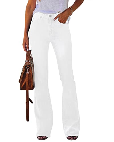 Koinshha Womens High Waisted Jeans Flare Stretch Boyfriend Casual Bootcut Denim Pants White